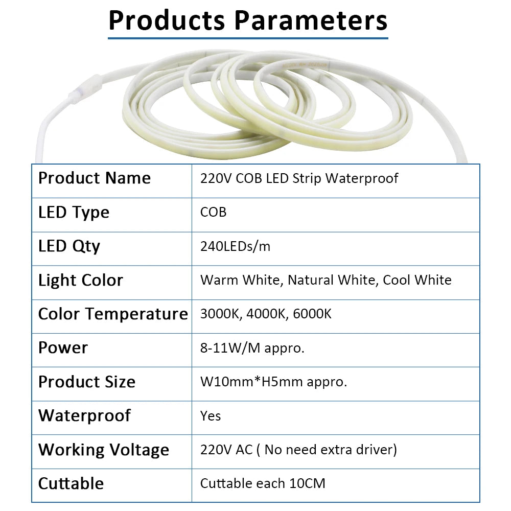 AC220V COB LED Strip Light IP67 Waterproof Flexible Ribbon 2Pin Wire/EU Plug Tape Lamp 3000K/4000K/6000K Outdoor Linear Lighting