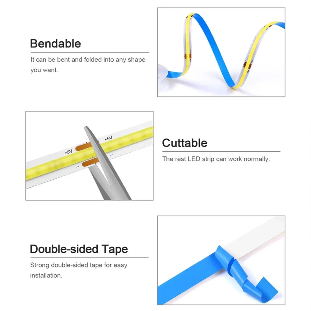 5V USB Tuya WiFi Tuya Zigbee 3.0 Warm White COB LED Strip Light Flexible Dimmable 8mm Width 320leds/m 4mm Width 480leds/m RA90