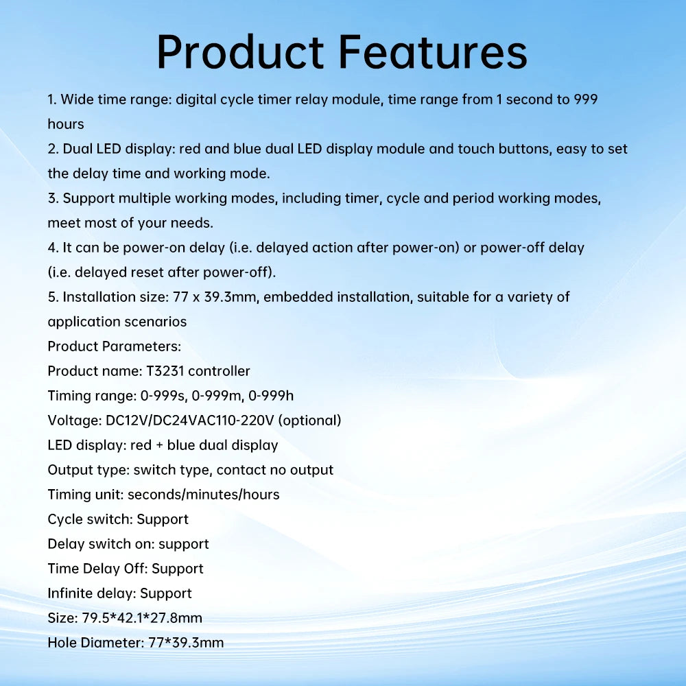 T3231 DC 12V 24V AC 110-220V Digital Time Delay Relay Module Cycle Delay Timer Red Blue Dual Display Timing Relay Switch for Car