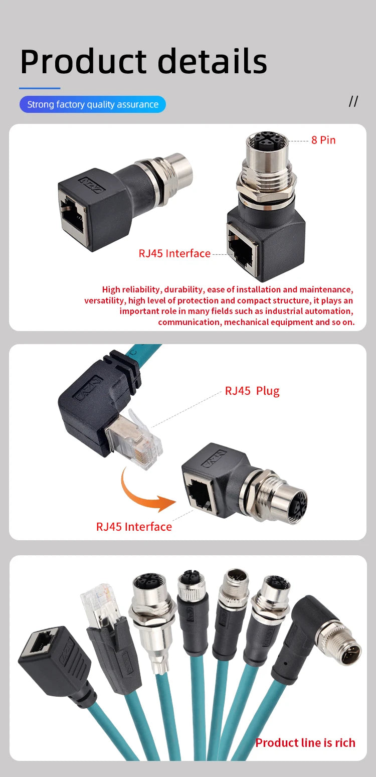 Industrial M12 Waterproof Connector 8-Pin Core to RJ45 X-Coded Straight Angled Socket for Networking And Electronics