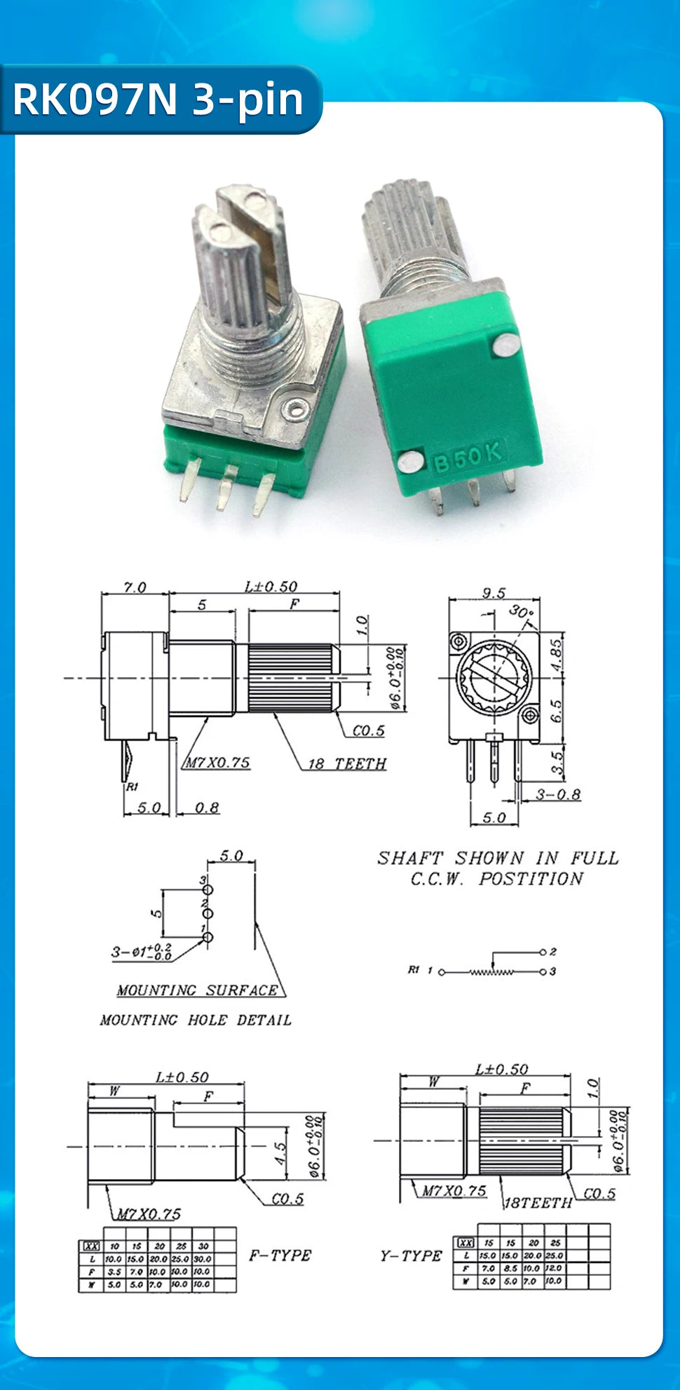 5PCS RK097NS G Single Double Potentiometer B5K/10K/20K/50K/100K Power Discharge Bit Speaker Audio