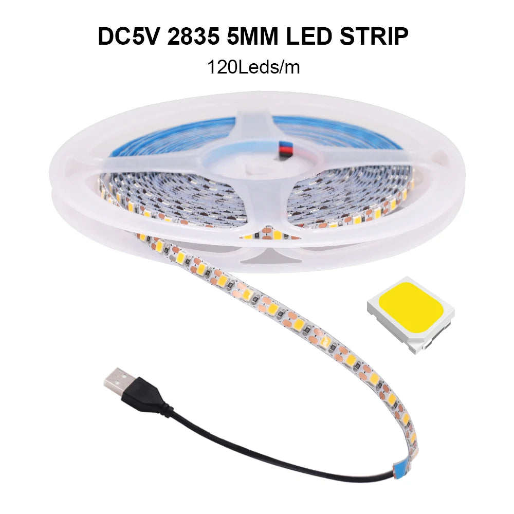 3MM 5MM 8MM Width DC 5V LED Strip 2835 120LEDs/m 1 LED Per Cut Flexible Tape IP20 Not Waterproof Warm Natural Cool White 1M-5M
