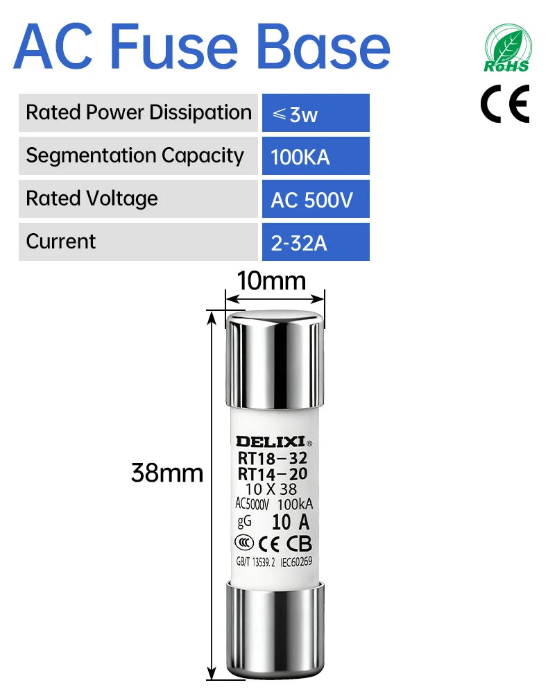 DELIXI RT18-32 1P Series Fuse Fusible Core Kit 500VAC 2-32A Ceramic Fuse NH00/gG Type For Circuit Breaker and Load Protection