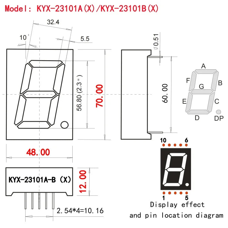 10PCS 2.3-inch digital tube 48mmX70mm digital display screen "8" high 56.8mm 7-segment digital tube 23101 series