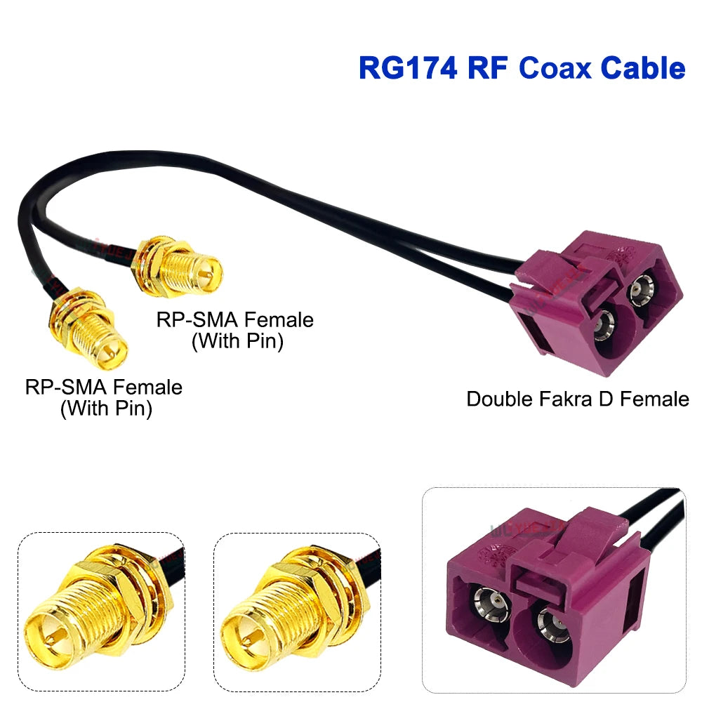RG-174 Double Fakra D Female to SMA Male Pin + RP-SMA Female Hole 50 Ohm RF Connector Coaxial Cable WIFI Antenna Jumper Pigtail