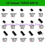 75PCS 15 Values Integrated Circuit DIP IC Kit LM358 , LM386 , TO-220 TDA2030 , NE555,NE5532 , LM339 , ULN2003 , ULN2803 , UC3842
