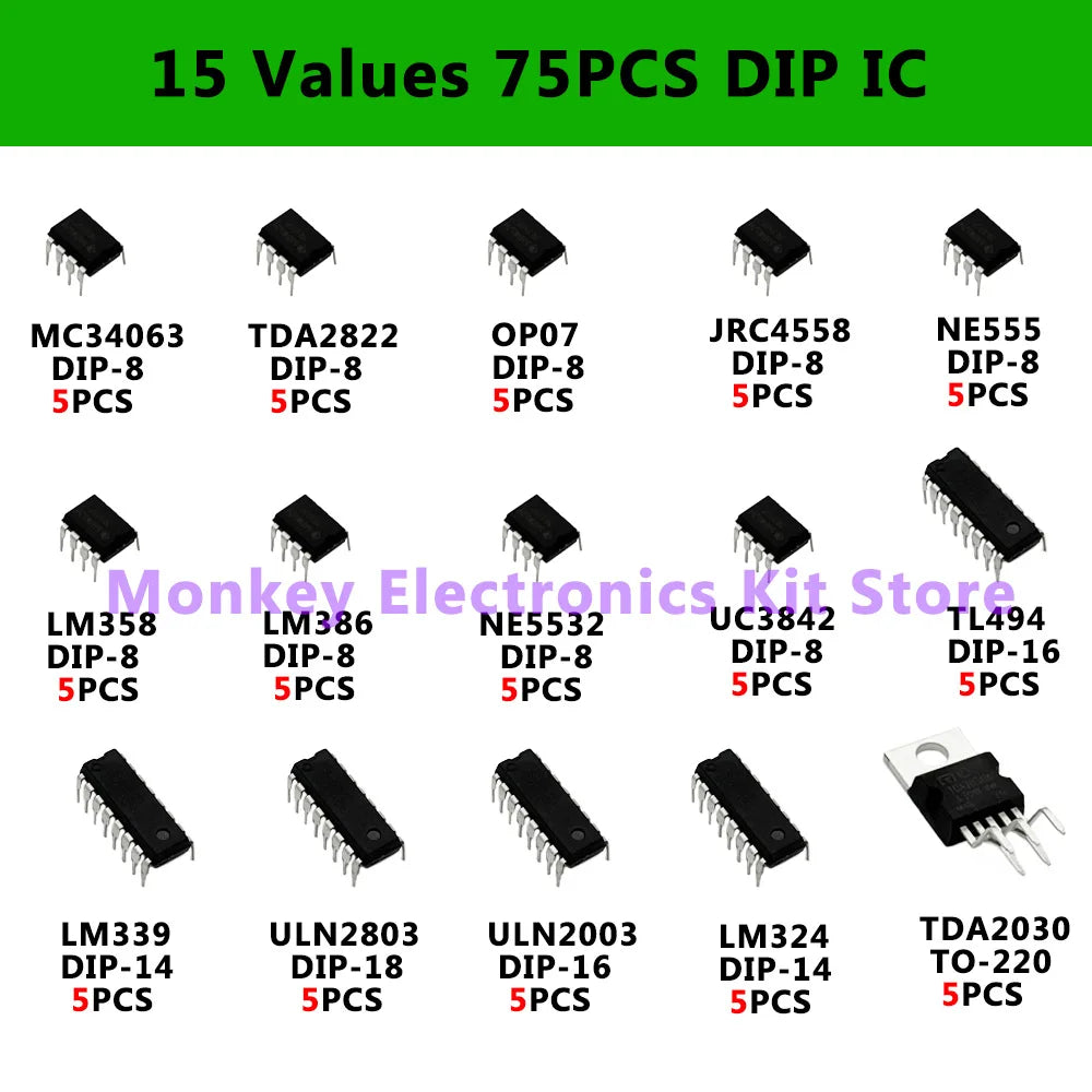 75PCS 15 Values Integrated Circuit DIP IC Kit LM358 , LM386 , TO-220 TDA2030 , NE555,NE5532 , LM339 , ULN2003 , ULN2803 , UC3842