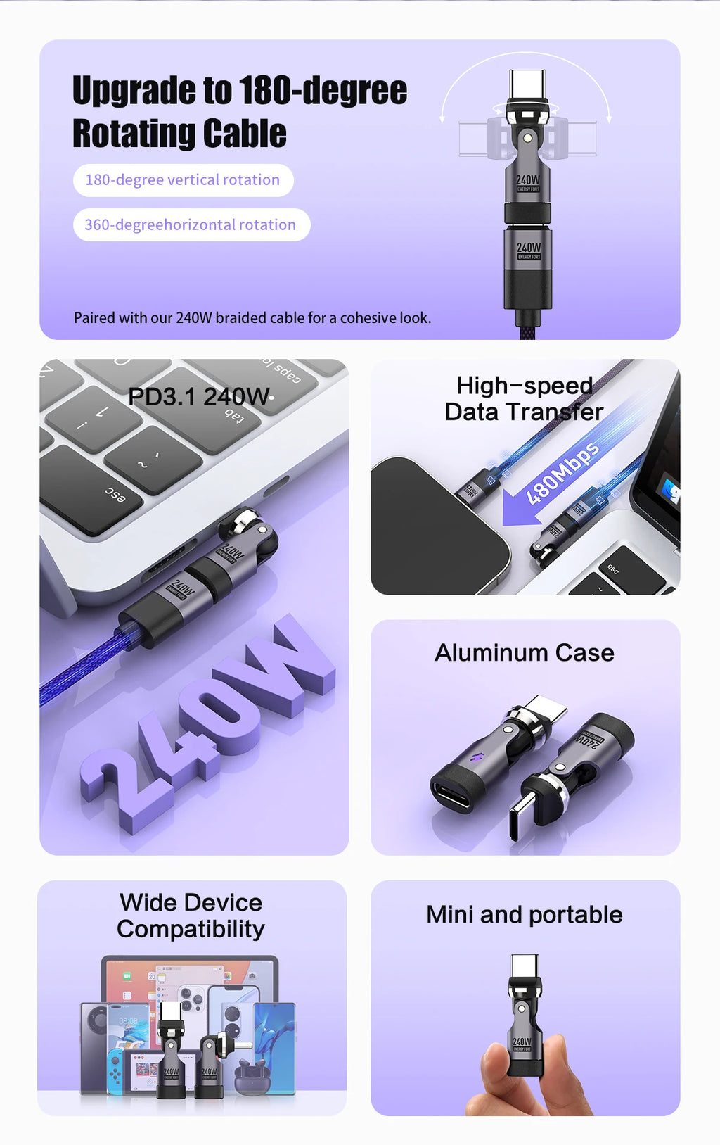 PD240W OTG C Type Adapter 90° 540° Rotating Type C Adapter Fast Charging USB C Adapter Extender for iPhone 17Pro Laptop Tablet
