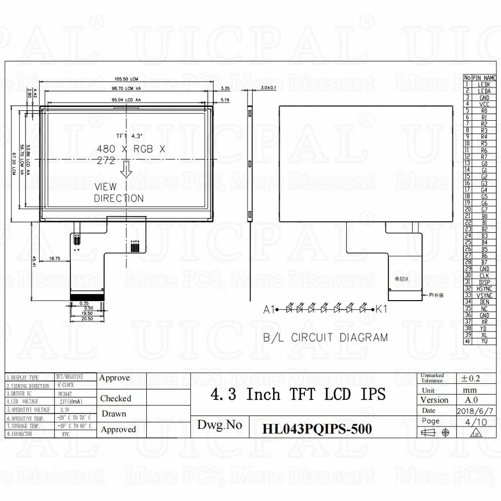 4.3 Inch TFT Display Module ST7280 HD IPS TN 480*272 RGB Interface Plug-in with Capacitive Touch Screen 40PIN