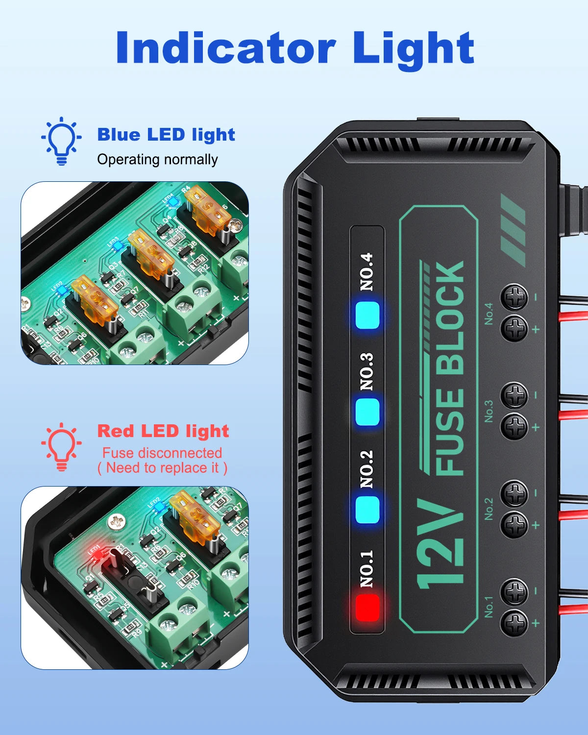 Anchtek 12V Motorcycle Fuse Box Universal Automotive Fuse Block with 4 Circuits Low Profile Mini Blade LED Indicator Fuse Holder