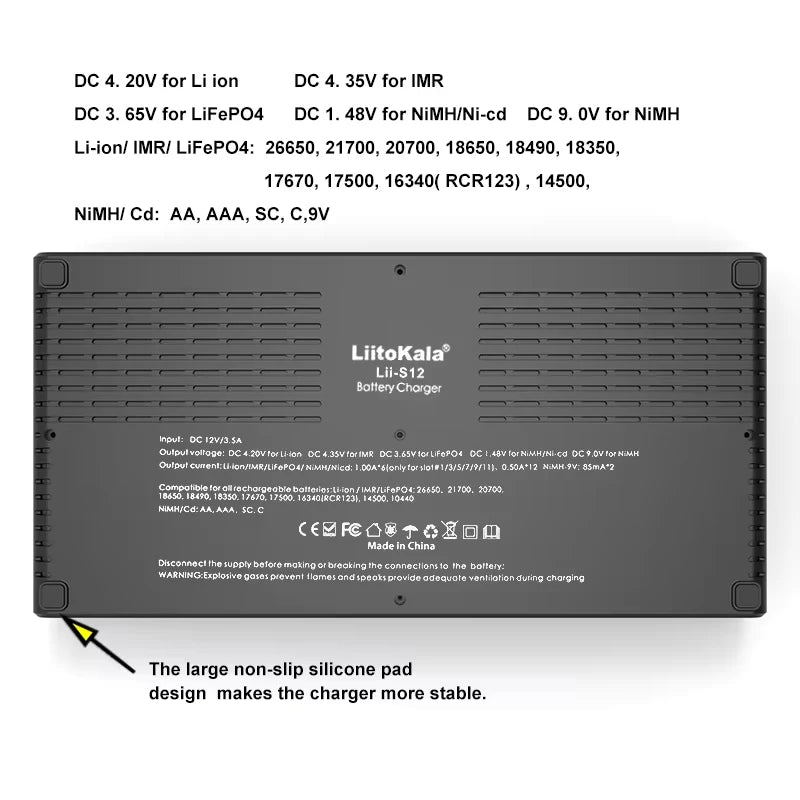 LiitoKala LiI-S12 Smart Charger 14 Slots - CE Certified Universal Charger for Li-ion/LiFePO4/Ni-MH/9V Batteries 18650, 26650, AA