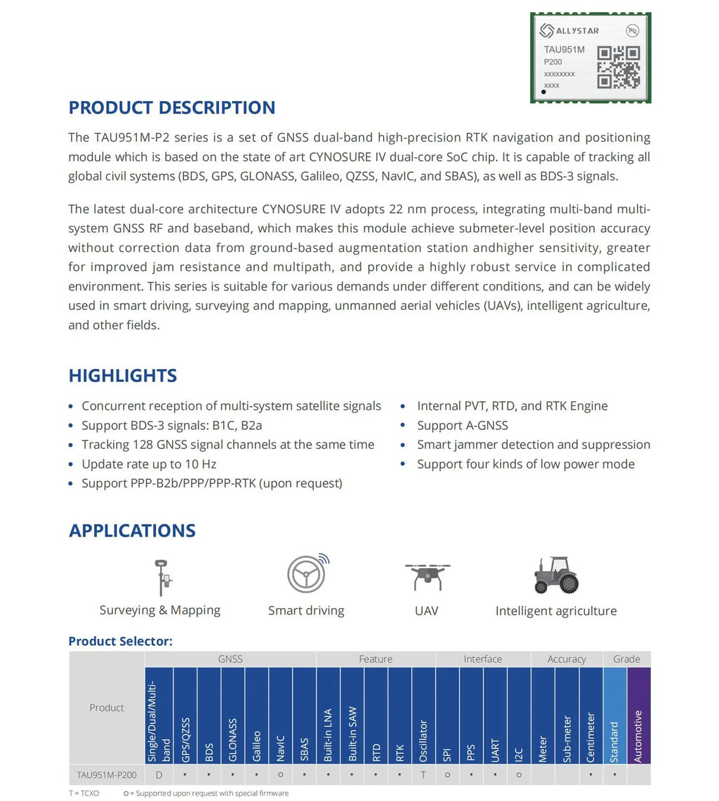 Allystar TAU951M-P200 Full System Dual Frequency RTK Module High Precision GNSS RF Baseband Support GPS BDS GLONASS Galileo QZSS