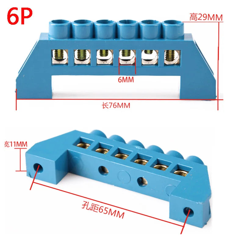 4/6/8/10/12 Positions Terminal Block Connector Strip Brass Ground Neutral Bar Electrical Distribution Wire Screw Terminal Blue