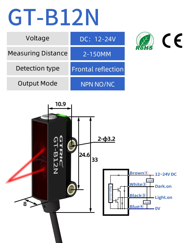 GTRIC Miniature laser Ptoelectronic Sensor NPN PNP Ultra-thin Diffuse Reflection Optical Sensor Switch 3-150mm 24V DC With BGS