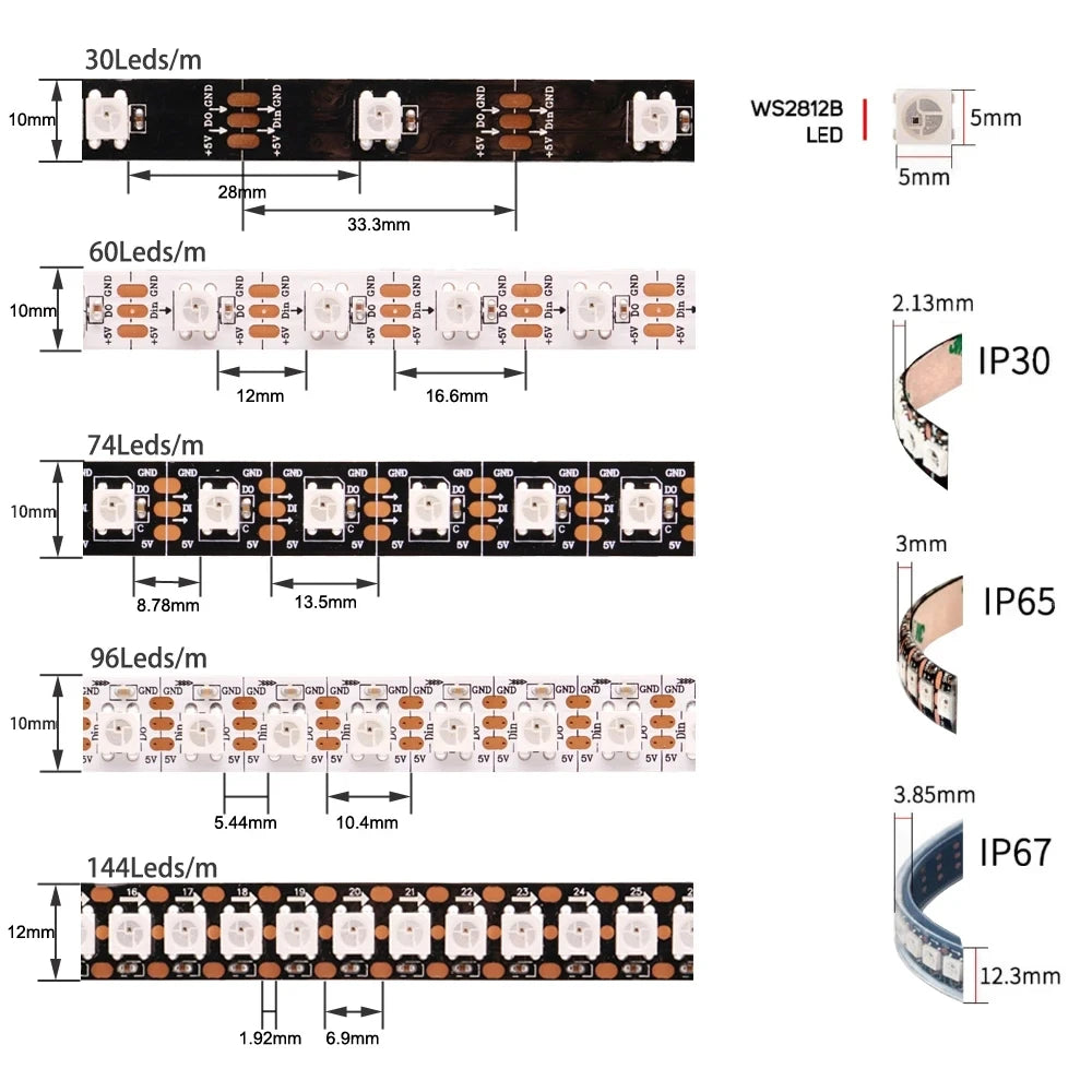 WS2812B LED Strip Bluetooth Wifi Music Controller Kit Individually Addressable Smart RGB LED Tape 30/60/74/96/144Leds/m USB DC5V