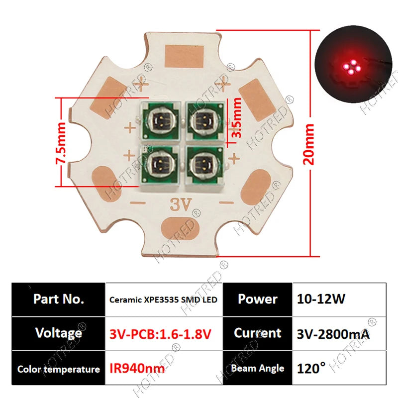 10W High Power LED Chip IR Infrared 660nm 680/730/760/810/850nm 12W 3535 Bead 2V 4V 8V 700/1400/2800mA For Night Vision Security