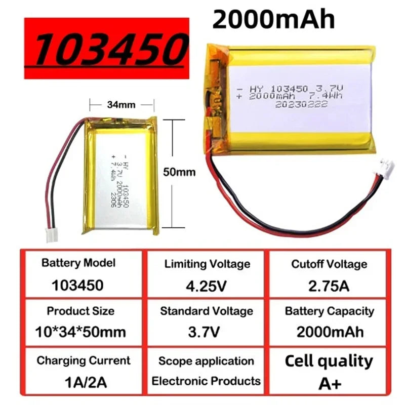 2.0-4.0AH 103450 Polymer Lithium Rechargeable Battery JST PH 2.0mm 2pin Plug for Camera GPS Navigator MP5 Bluetooth Headset