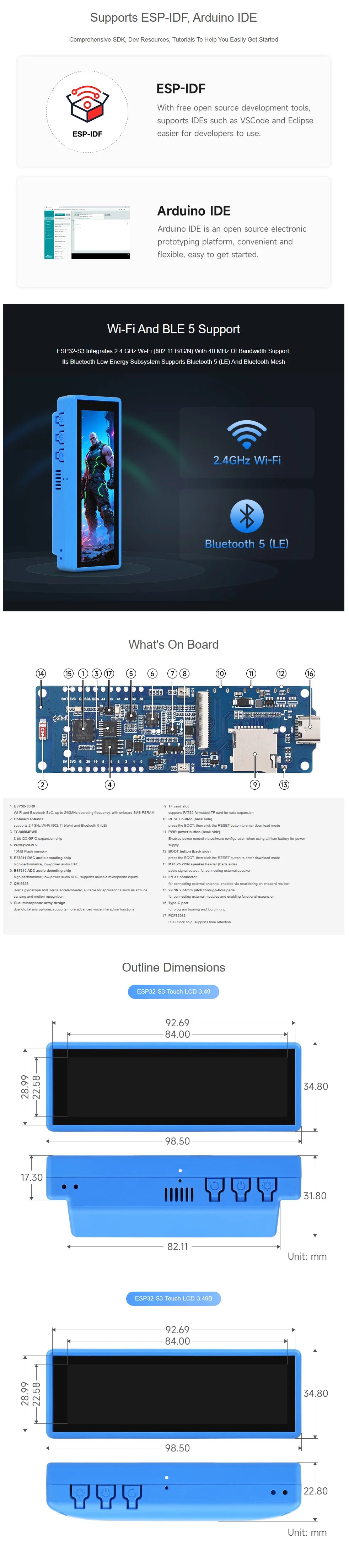 Waveshare ESP32-S3 High-Performance Development Board With 3.49inch IPS Capacitive Touch Display 172×640, ESP32-S3R8 Dual-core