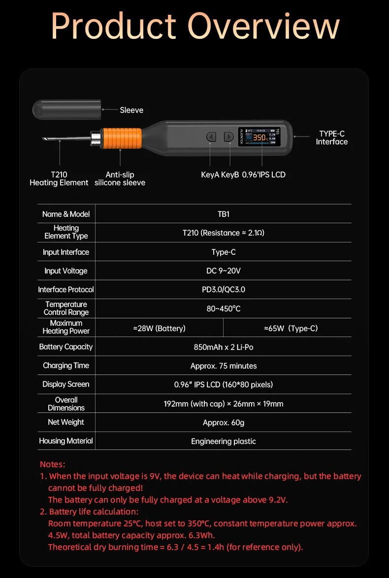 ALIENTEK TB1 Smart Wireless Soldering Iron T210Portable Rechargeable Soldering Pen PD3.0 PID Temp Control for Electronics Repair