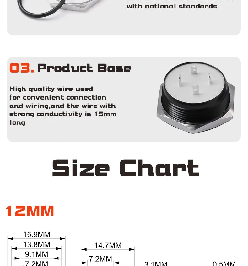 12/16/19/22mm Short Stroke Oxide Blcak Shell Metal Button Switch Waterproof Flat Head With Power LED Light Momentary 1NO 6V 24V
