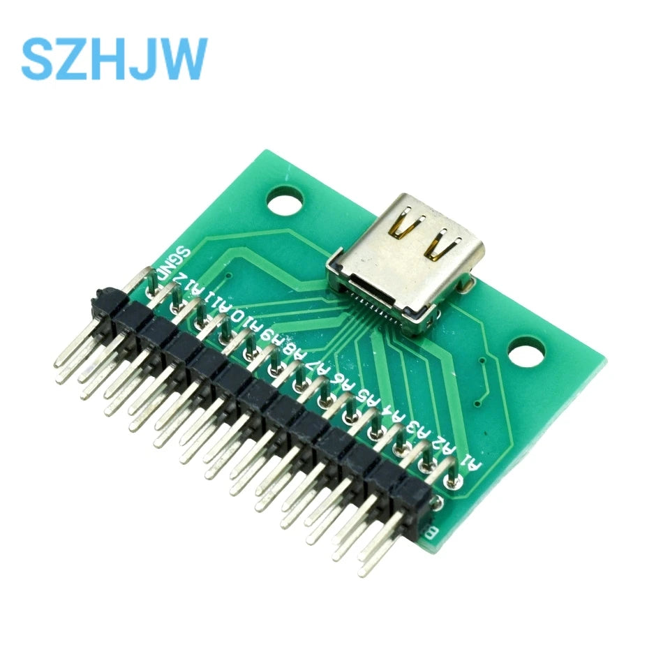 USB 3.1 Type-C Female Receptacle 24Pin PCB Mount SMT DIP Test Board with Header Pins for DIY Electronics Projects