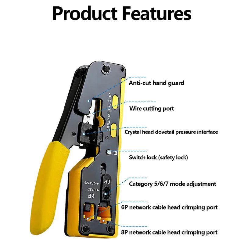 New Rj45 Rj12 Rj11 Pass Through Crimp Plier Cat7 Cat6 Cat6A Cat5 Cat5e Stripping Crimping Tool with 8P/6P Ethernet Connectors