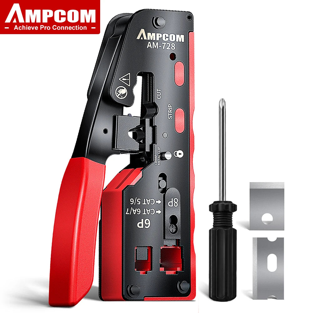 AMPCOM rj45 Crimper CAT7 Crimping Tool for Pass Through RJ11 RJ 45 Connector CAT6 CAT5E Modular Plugs With Wire Stripper Cutter