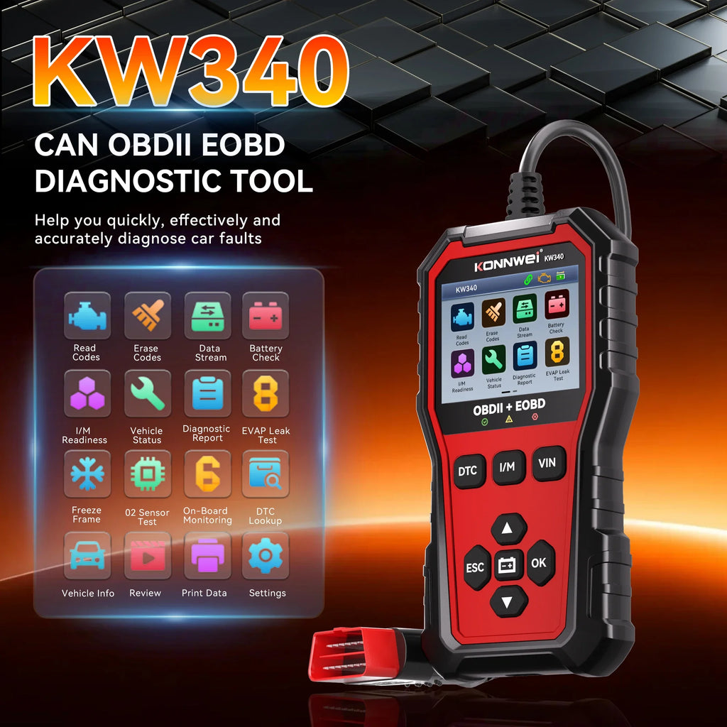 2026 KONNWEi KW340 Car CAN OBD2 EOBD Diagnostic Tool Engine Battery Test Read Fault Code Clear Real-Time Data O2 Inspection Tool