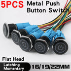 5PCS 16/19/22mm Metal Button Switch  Black Shell Flat Head Waterproof LED Momentary Reset Latching Button Switch 12V 24V 220V