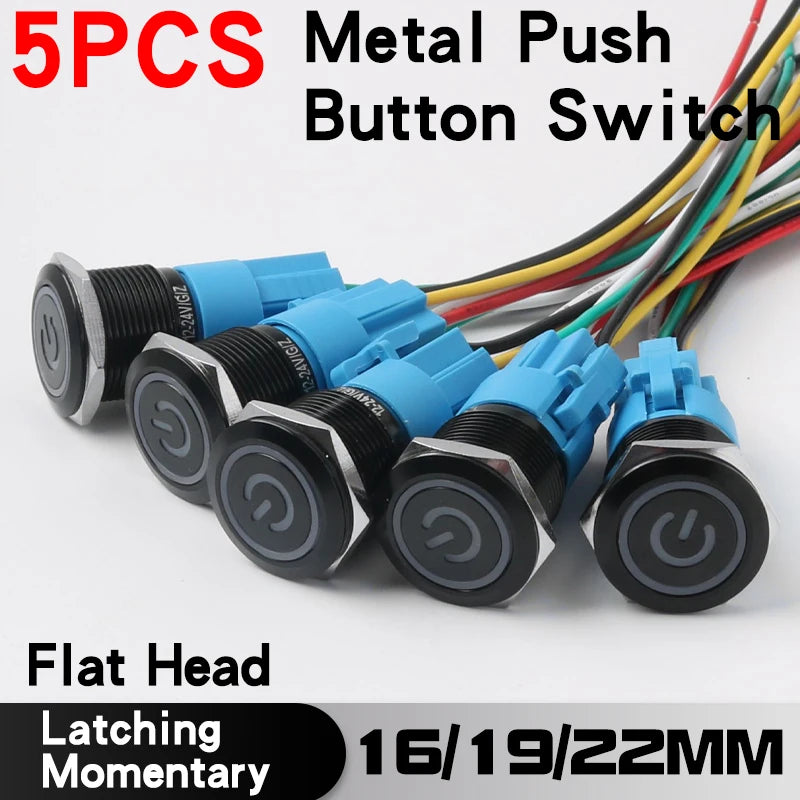 5PCS 16/19/22mm Metal Button Switch  Black Shell Flat Head Waterproof LED Momentary Reset Latching Button Switch 12V 24V 220V