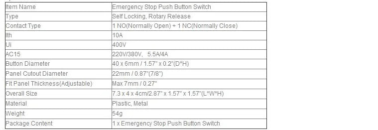 Emergency Stop 10A 380V 22mm Self-Locking Head Power Mushroom Push Button Switch 1NO 1NC LA38-11ZS