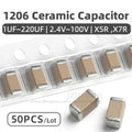 50pcs 1206 SMD Chip Multilayer Ceramic MLCC Capacitor 1UF-220UF 6.3V-100V 2.2UF 3.3UF 4.7UF 10UF 22UF 47UF 100UF 150UF  X7R X5R