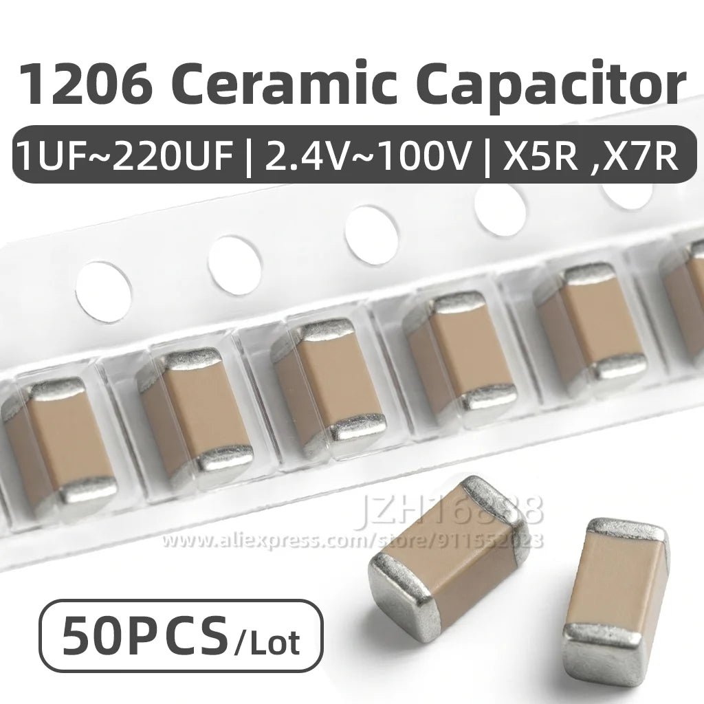 50pcs 1206 SMD Chip Multilayer Ceramic MLCC Capacitor 1UF-220UF 6.3V-100V 2.2UF 3.3UF 4.7UF 10UF 22UF 47UF 100UF 150UF  X7R X5R