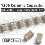 50pcs 1206 SMD Chip Multilayer Ceramic MLCC Capacitor 1UF-220UF 6.3V-100V 2.2UF 3.3UF 4.7UF 10UF 22UF 47UF 100UF 150UF  X7R X5R