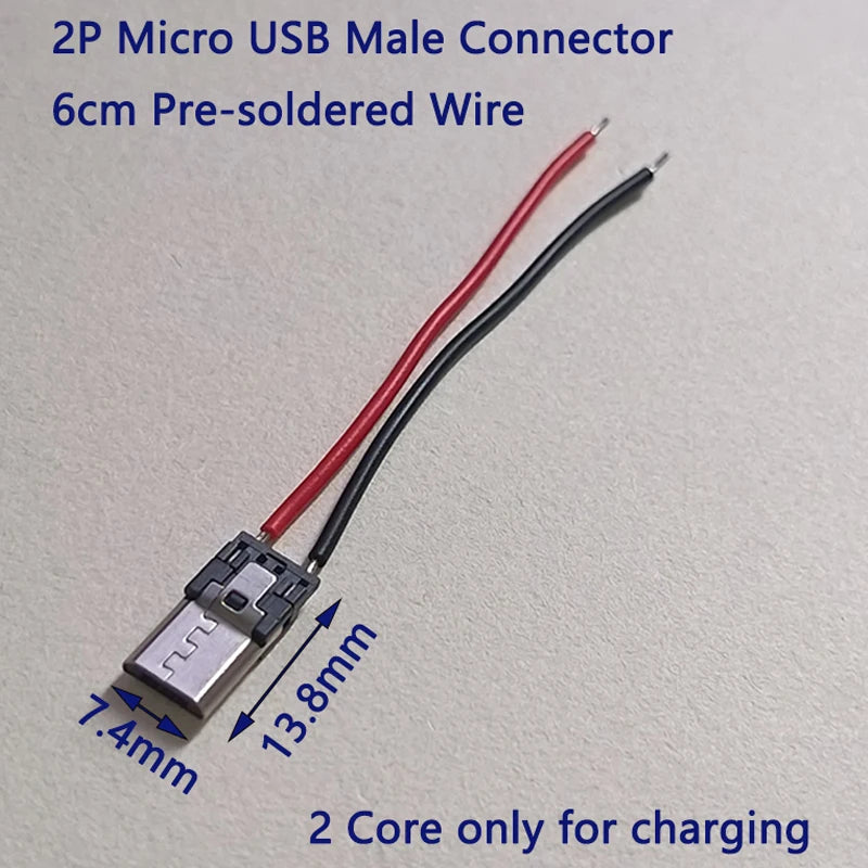 2/5/10/20pcs 2Pin Type‑C/Micro USB Male Female Connector With 6cm Pre‑soldered Wires 5V Charging Jack for DIY Projects Repair