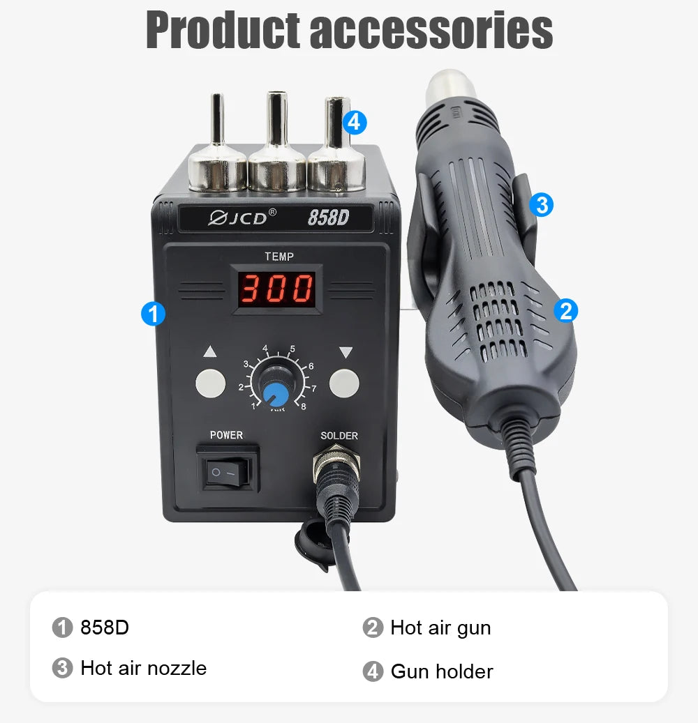 858D-B JCD Hot Air Gun BGA Rework Soldering Station, 220V SMD SMT Welding Repair Heat Gun