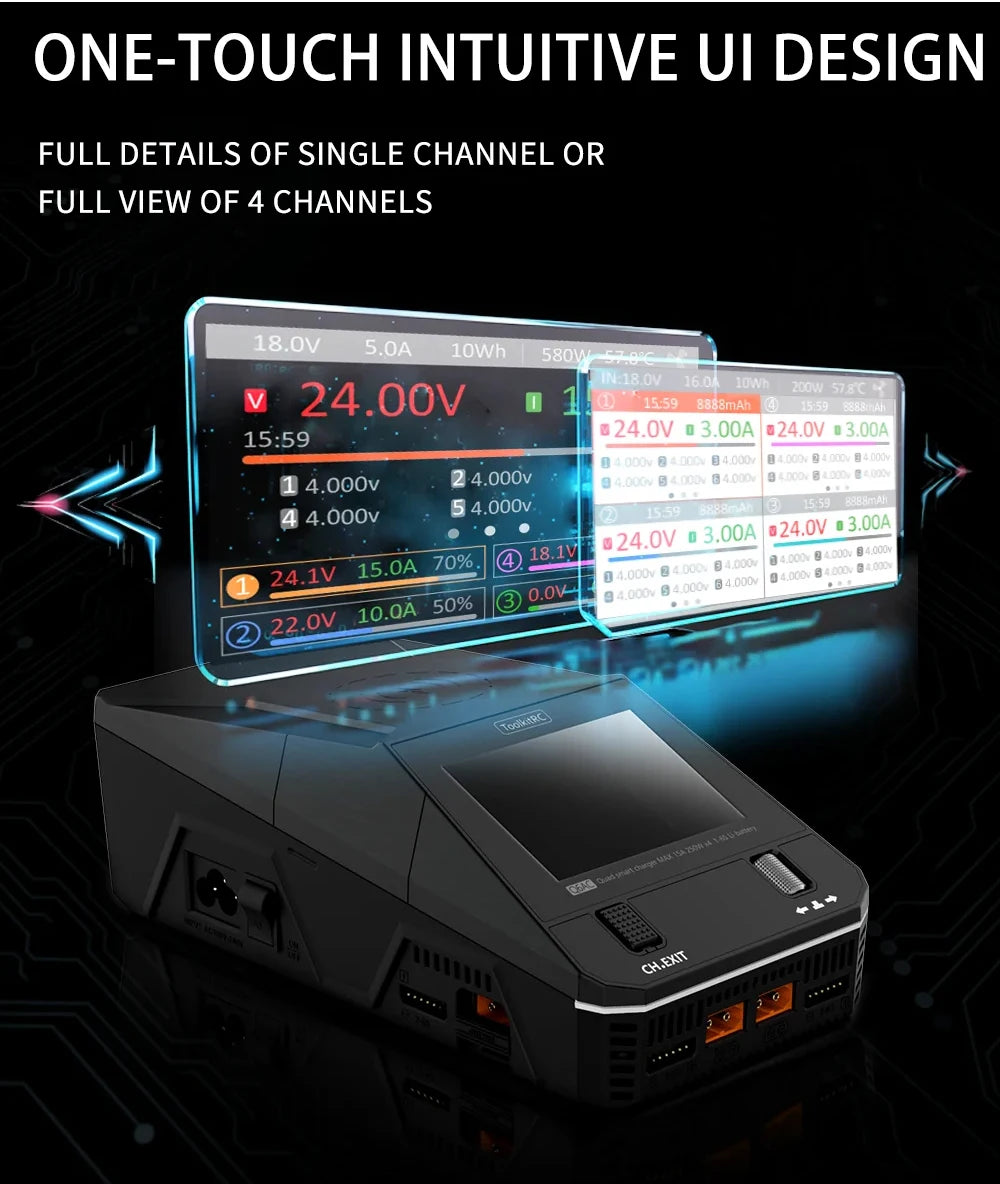 ToolkitRC Q6AC Charger AC 400W/ DC 1200W 4CH Built-in 65W USB Output 15W Wireless Charger For RC 1-6S Lipo LiHv Battery