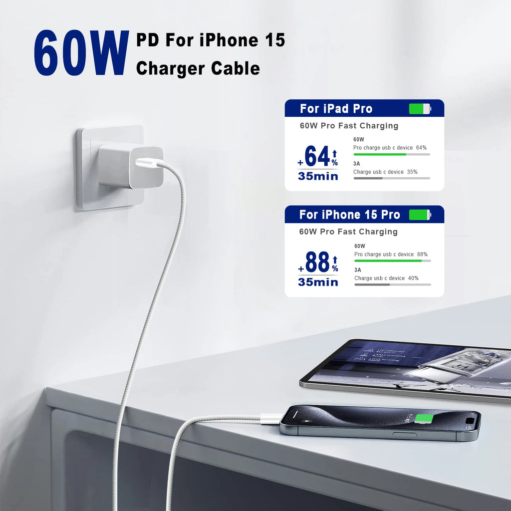 60W Type C to Type C Cable Data Line For Iphone 15 16 17 Samsung Xiaomi Fast Charging USB C to C Cable Type C Data Charger 1m2m
