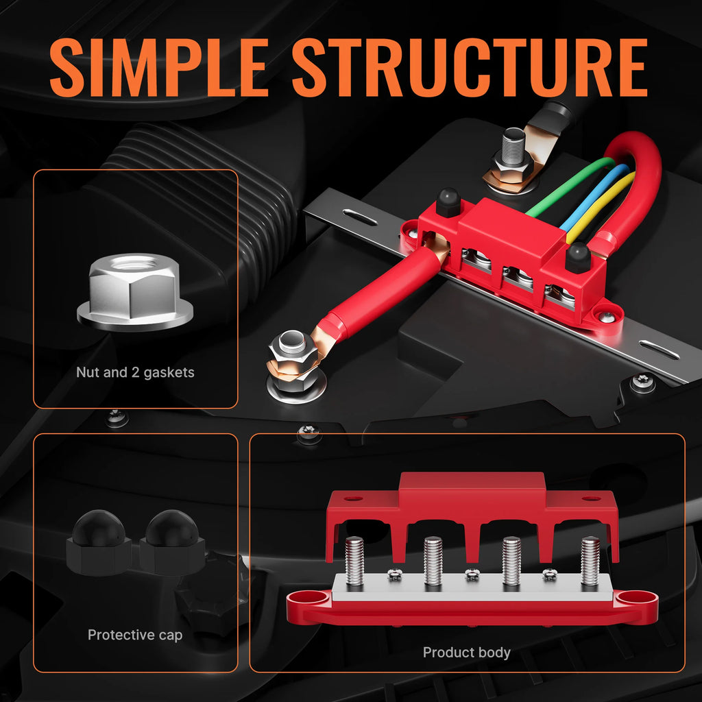 Bus Bar 12V 250A Power Distribution Block 4 X M10 / M8 Studs Marine Bus Bar 12 Volt Battery Busbar Terminal Block for Car Boat