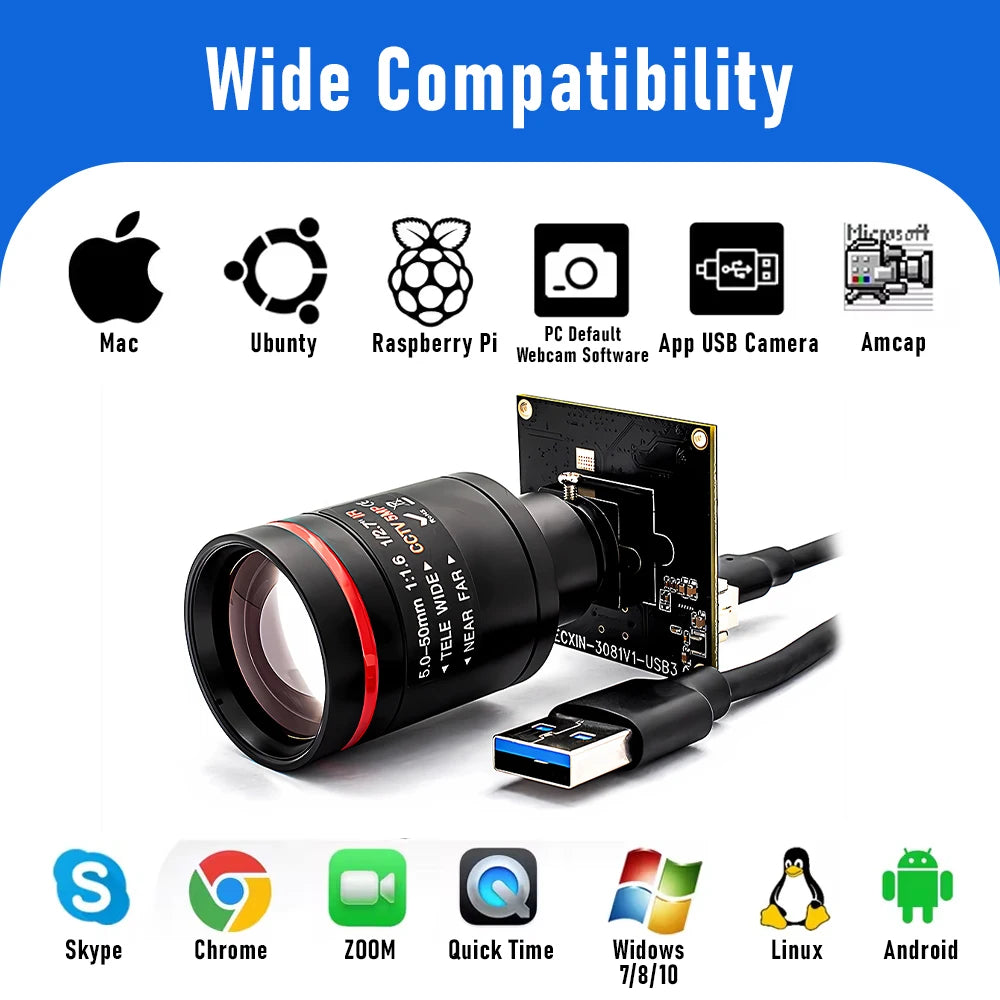 Global Shutter USB3.0 Camera 2.3MP 120FPS Plug And Play M12 Varifocal Lens 10X Zoom Video Camera for Machine Vision Live Stream