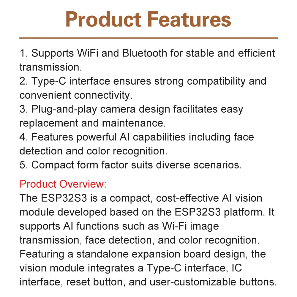 ESP32 S3 CAM WiFi BT Development Board With Visual Recognition Module Paired With OV2640 Camera Type C
