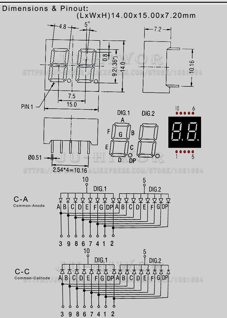 10pcs 0.36 Inch 10Pins 3261AW 3261BW 2 Digits Bits 7 Segment White LED Digital Display Digitron Common Anode Cathode C-C C-A