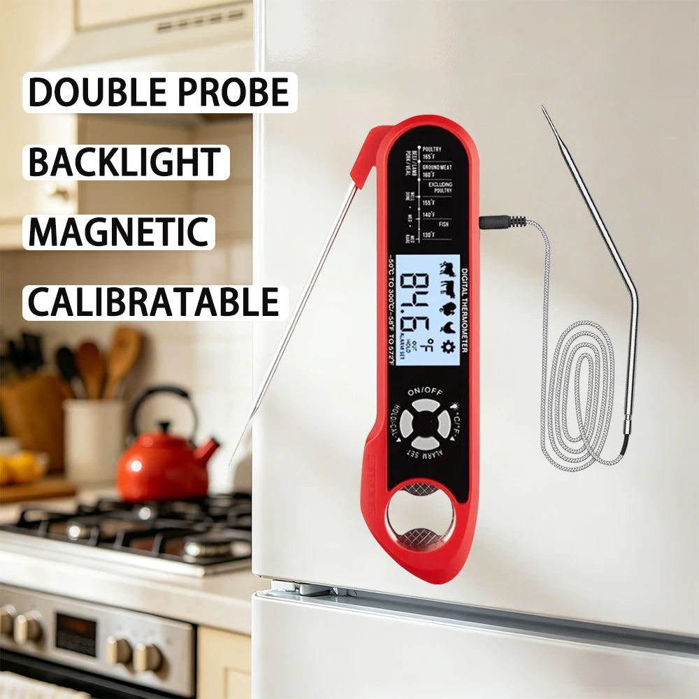 Digital Double Probe Food Thermometer with Backlight & Magnet, Calibratable Food Cooking Thermometer for Oven BBQ Grill Kitchen