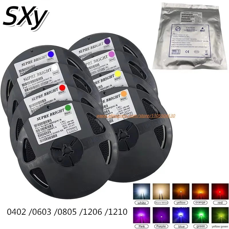 SMD LED Diode Tape Reel 0402 0603 0805 1206 1210, Multi Color Red Green Blue Yellow Warm White Purple Pink Orange SMT LED Lamp