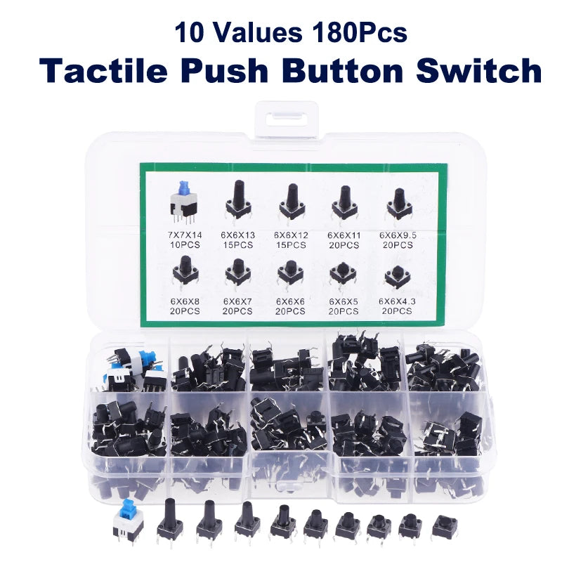 180 Pcs Tactile Push Button Switch Kit  - 6mm/7mm SMD & THT Momentary Tact Switch Assortment, Electronic Components DIY Repair
