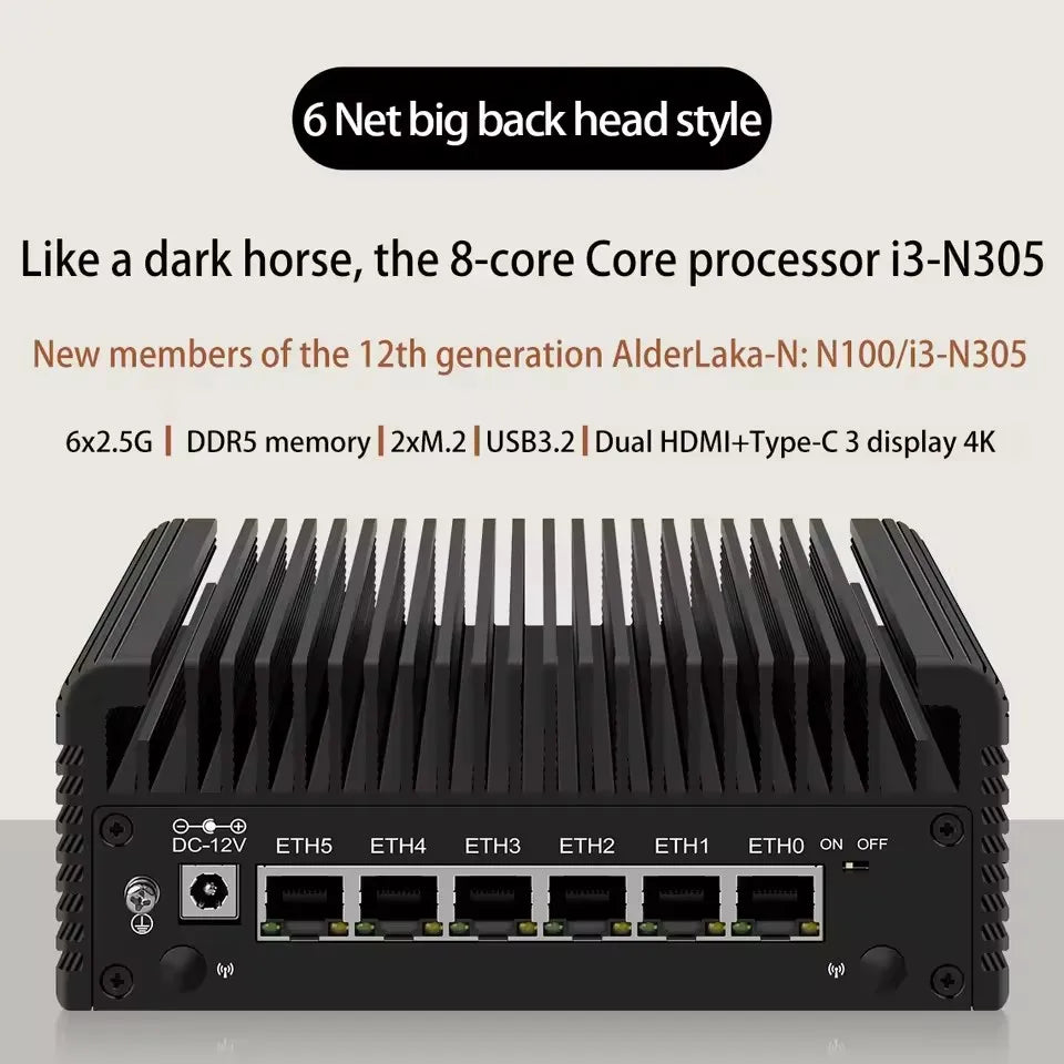 6 LAN 2.5G Firewall Router Intel 3 N355 N200 N150 N97 i226-V Fanless Mini PC DDR5 2xNVMe 1xSATA3.0 2xHD Type-C pfSense OPNsense