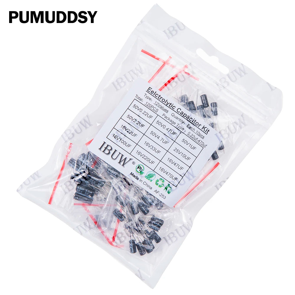 120PCS 12Values Electrolytic Capacitor Kit (0.22μF-470μF 16V-50V) for DIY Electronic Circuit kit 16V100UF 50V0.47UF 25V10UF