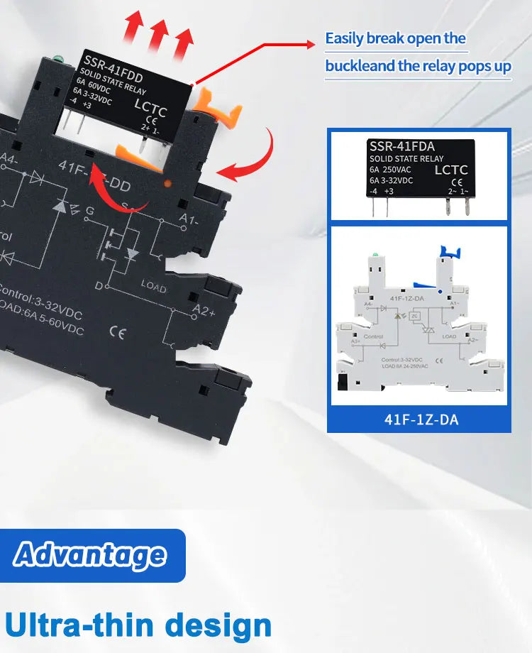 LCTC 1PCS Slim Relay Board Din Rail Relay Module SSR Terminal Solid State Relay With LED 6A SSR-41FDA SSR-41FDD DC-AC DC- DC