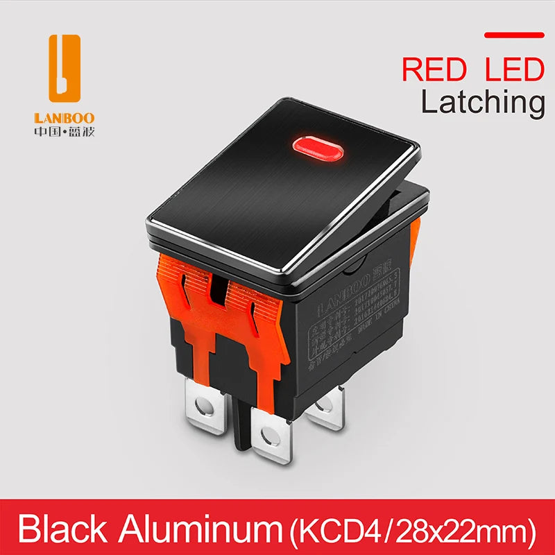 LANBOO High-End Quality Latching  Rocker Switch 20A 16Amp Current Push Button 2no2nc with LED 3-8V/9-24V/220V