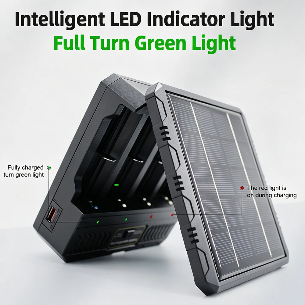 PHOMAX 4 Slot Battery Solar Charger.18650 Charger Multi-Function Portable Outdoor Charger Box With LED Light Type-C USB Output